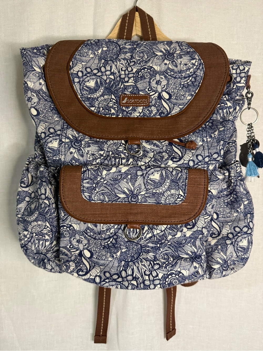 Sakroots Navy Floral Canvas Backpack with Brown Trim